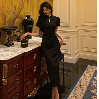 Sườn Xám Thun Đen Dáng Dài Hiện Đại 40-60 Kg