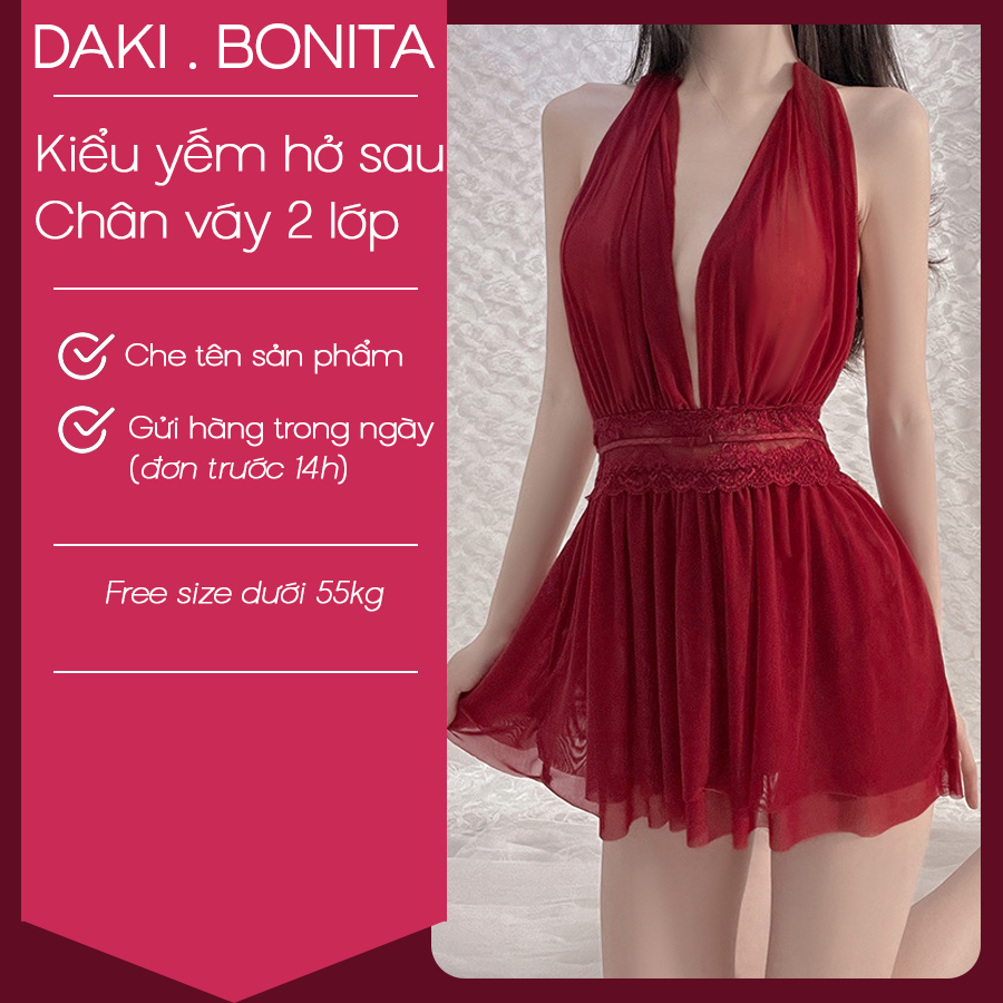 Đầm ngủ nữ sexy DK17 kiểu áo yếm hở lưng kèm quần lót lọt khe gợi cảm | BigBuy360 - bigbuy360.vn
