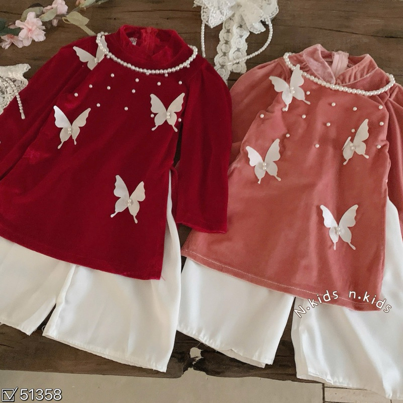 set Áo dài nhung mềm cho bé gái