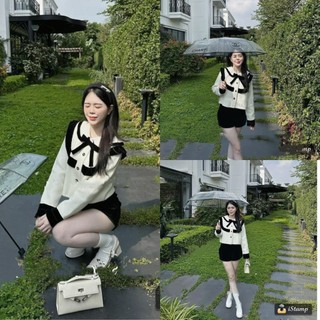  Set Dạ Trắng Cổ Sen Nơ   Có Nệm Vai  Mix Quần Sooc Nhung Siêu Xinh 
