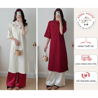 (Có bigsize - tặng bờm) Set áo dài cách tân kèm quần tay lỡ mặc đi chơi tết, lễ chùa - set đồ tết áo dài nữ mặc tết