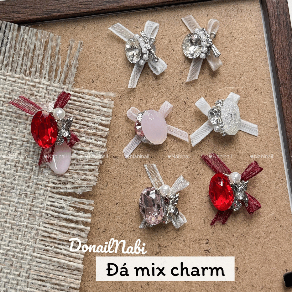 Charm đá mix nơ charm bướm đính móng