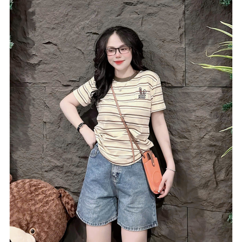 [40~60kg] Áo Thun Ôm Vừa Dáng Nữ [Mã S05] , Hình Thêu Cotton Mềm Mịn Co Dãn 4 Chiều [SỌC THỎ] | BigBuy360 - bigbuy360.vn