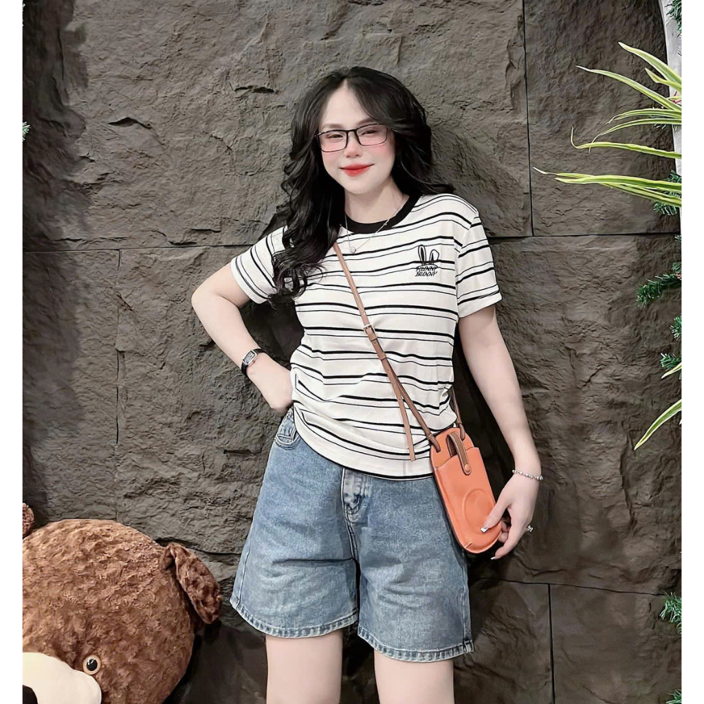 [40~60kg] Áo Thun Ôm Vừa Dáng Nữ [Mã S05] , Hình Thêu Cotton Mềm Mịn Co Dãn 4 Chiều [SỌC THỎ] | BigBuy360 - bigbuy360.vn