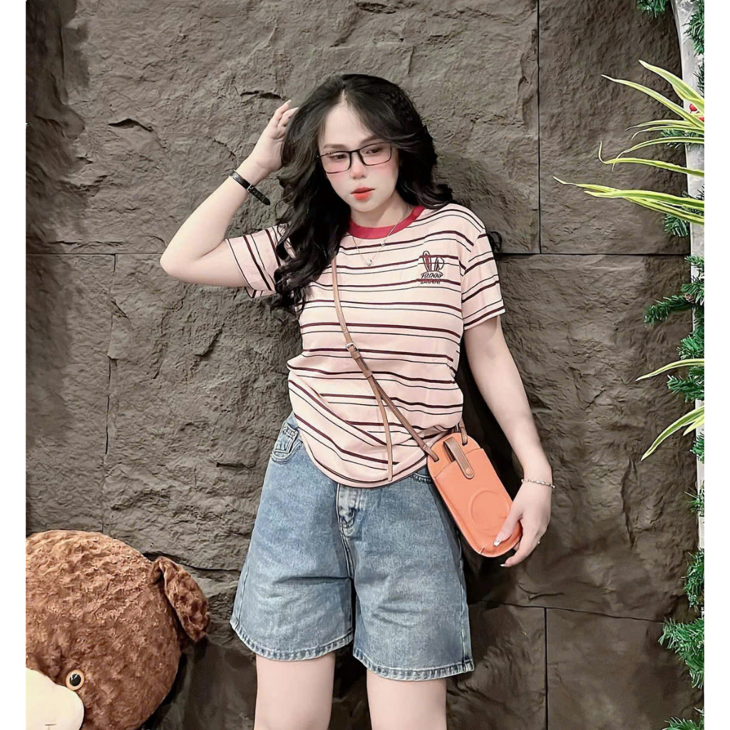 [40~60kg] Áo Thun Ôm Vừa Dáng Nữ [Mã S05] , Hình Thêu Cotton Mềm Mịn Co Dãn 4 Chiều [SỌC THỎ] | BigBuy360 - bigbuy360.vn