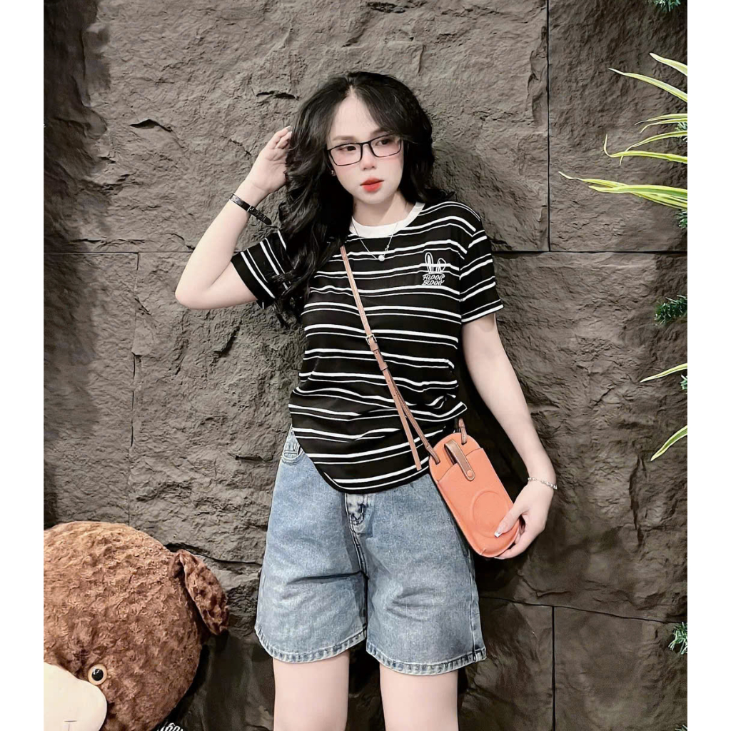 [40~60kg] Áo Thun Ôm Vừa Dáng Nữ [Mã S05] , Hình Thêu Cotton Mềm Mịn Co Dãn 4 Chiều [SỌC THỎ] | BigBuy360 - bigbuy360.vn