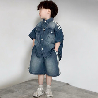 BABYBUYvip- (FOM RẤT TO GIẢM 1 SZ) Bộ quần áo jean cộc tay quần ngắn màu xanh 2 xọc cho bé trai và bé gái