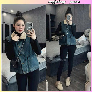 Áo khoác bò gile lót lông mặc lên form dáng đẹp phối túi hộp nổi bật thời trang thu đông nữ hottrend