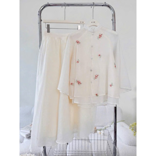 Kim Clothing - Set áo tơ xốp mềm thêu hoa áo cách tân form xoè tay lỡ gài nút bọc + chân váy xoè dài lưng thun bồng bềnh