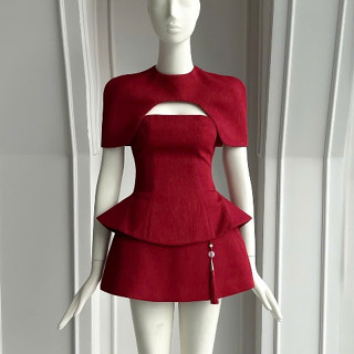 Set đồ nữ áo cộc tay khoet ngực kèm choàng cộc mix chân váy dáng ngắn đỏ tết năm 2025, set bộ đồ đỏ CHOUCHOU TỰ MAY LẠI