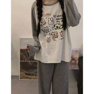  Set Bộ Đồ Nỉ Nữ Raplane Phối Xám In Hình Dễ Thương Bộ Ngủ Nữ Mặc Ở Nhà chất Liệu Cotton Dáng Rộng Mềm Mại 
