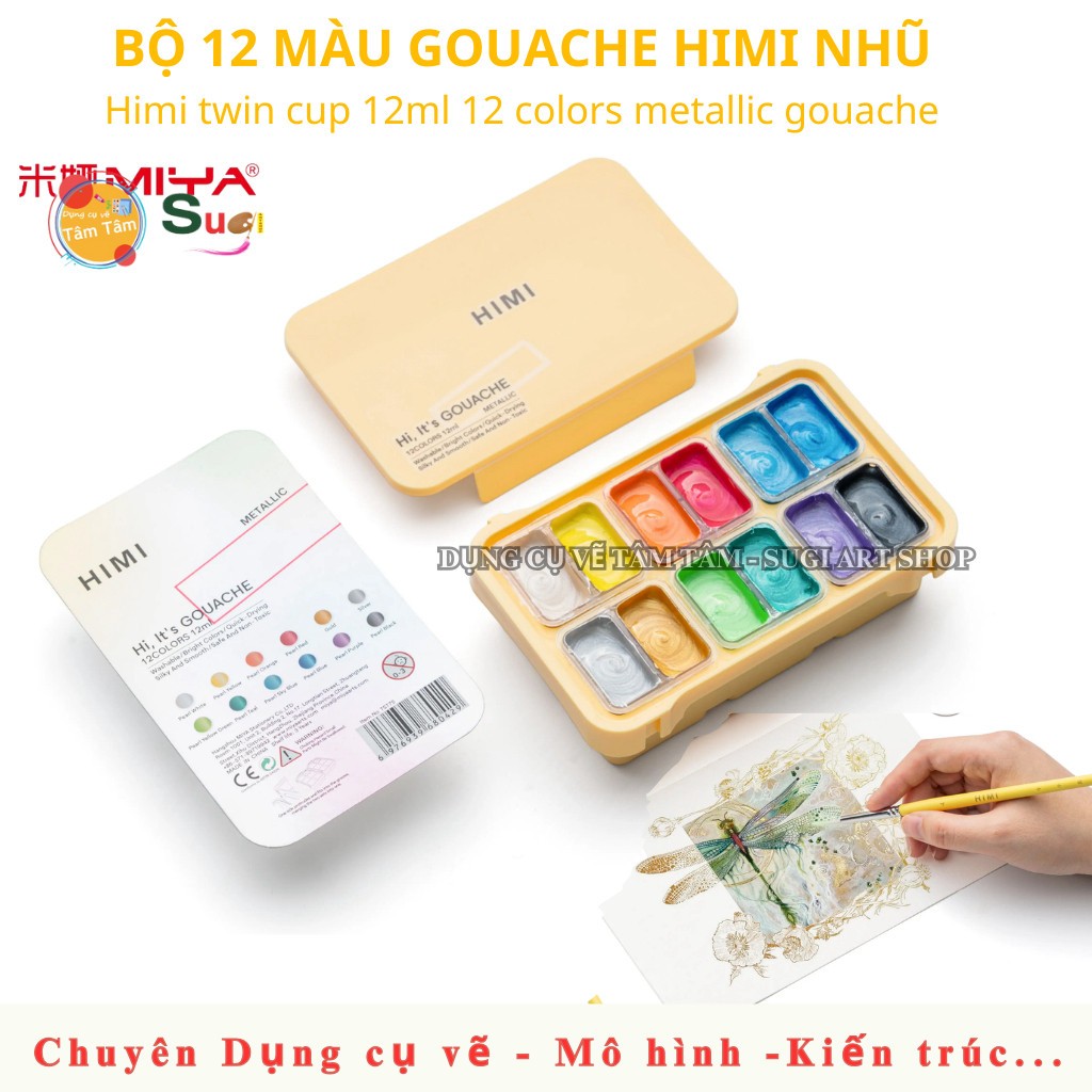 Màu Himi Sinh đôi 12 Màu ánh nhũ, Himi tiwn cup 12ml 12colors  Metallic Gouache