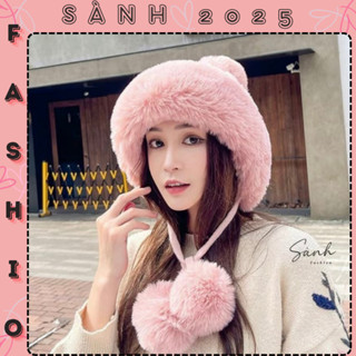 Mũ len viền lông bông mềm kèm chóp dây quả châu phong cách Mông Cổ hottrend _sanhfashion