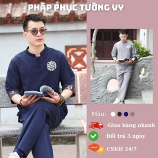  Ms27:Bộ đồ lam Nam đi lễ chùa,đi chơi,bộ pháp phục nam cổ trụ cộc tay chất liệu đũi phối viền cao cấp 