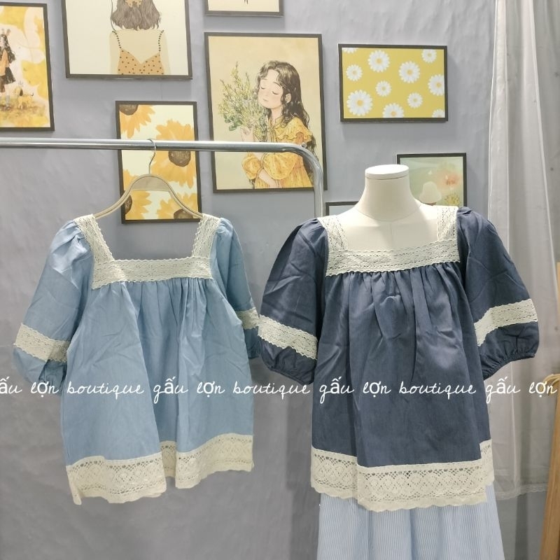 áo babydoll cổ vuông phối ren tay bồng tiểu thư 2 màu xanh | BigBuy360 - bigbuy360.vn
