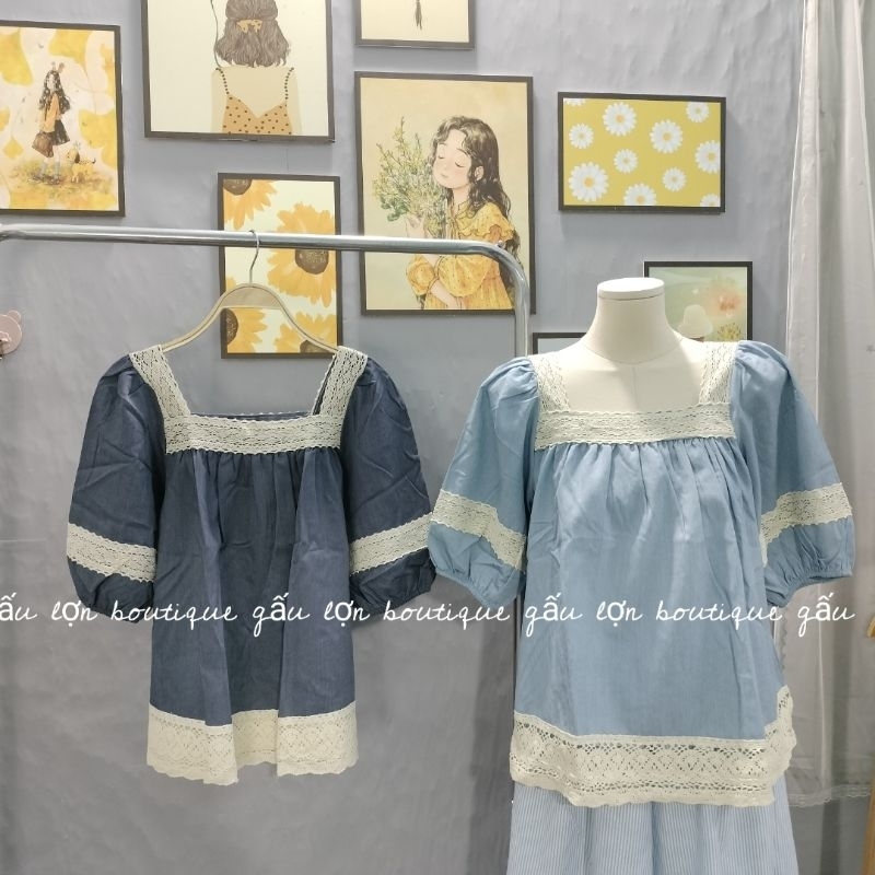 áo babydoll cổ vuông phối ren tay bồng tiểu thư 2 màu xanh | BigBuy360 - bigbuy360.vn