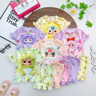 Bộ áo quần cộc tay cho bé gái 7-39kg, từ 7 tuổi trở xuống, in họa tiết BABY THREE, chất thun lạnh 3D Cho bé