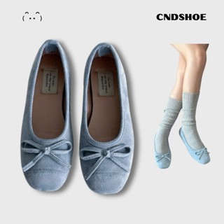 [Chuẩn Hàng QC] Giày Búp Bê Đế Bằng Bệt Màu Jean Nhung Mịn, Giày lười nữ Có Nơ Da Mềm Balletcore - Denim Ballet Flat
