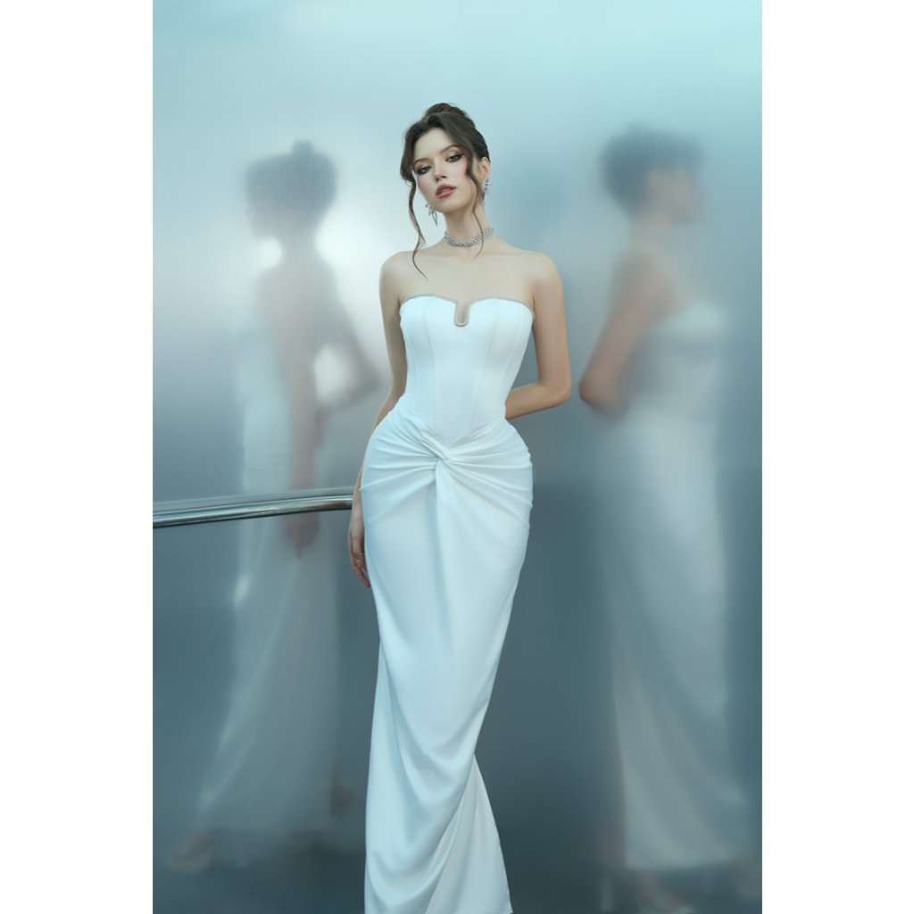 [BRILLER] Đầm nữ thiết kế Off-shoulder Maxi Dress chất liệu Umi Hàn cao cấp dáng dài cup ngực màu tr