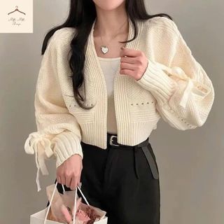  Áo Khoác Len Tay Dài Dáng Lỡ Trơn Basic Áo Cardigan Dệt Kim Len Đan Phối Nơ Cột Tay Bồng Dáng Croptop Hàng Qccc Matmat 