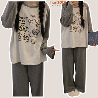  Bộ Nỉ Nữ Cute Áo Tay Dài Phối Raglan Dáng Rộng & Quần Suông Ống Rộng Cạp Chun - Chất Vải Nỉ Da Cá - Size 38-65kg - Kem - 