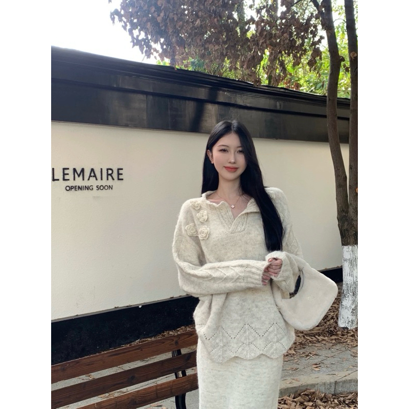 Set váy len dài tay dáng rộng in hoa hàng Quảng Châu 2024 Aline Store