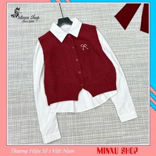 Set 2 Chi Tiết Áo Gile Phối Áo Sơ Mi Thêu NƠ Phom Vừa Chất Len Gạo Hàng QC Minxu Shop CK49