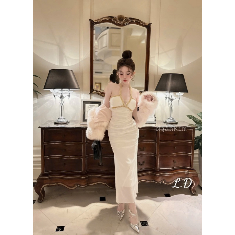 Đầm Body Cổ Yếm Dáng Dài, Đầm Dự tiệc Siêu Sang Hai Màu Đen Trắng