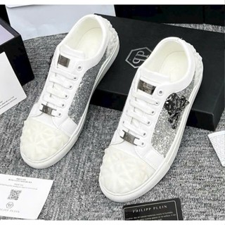 Giày thể thao sneaker nam nữ Philipp Plein Trắng kim tuyến tag đầu lâu hợp Kim Đủ 2 tag  (Full Box)