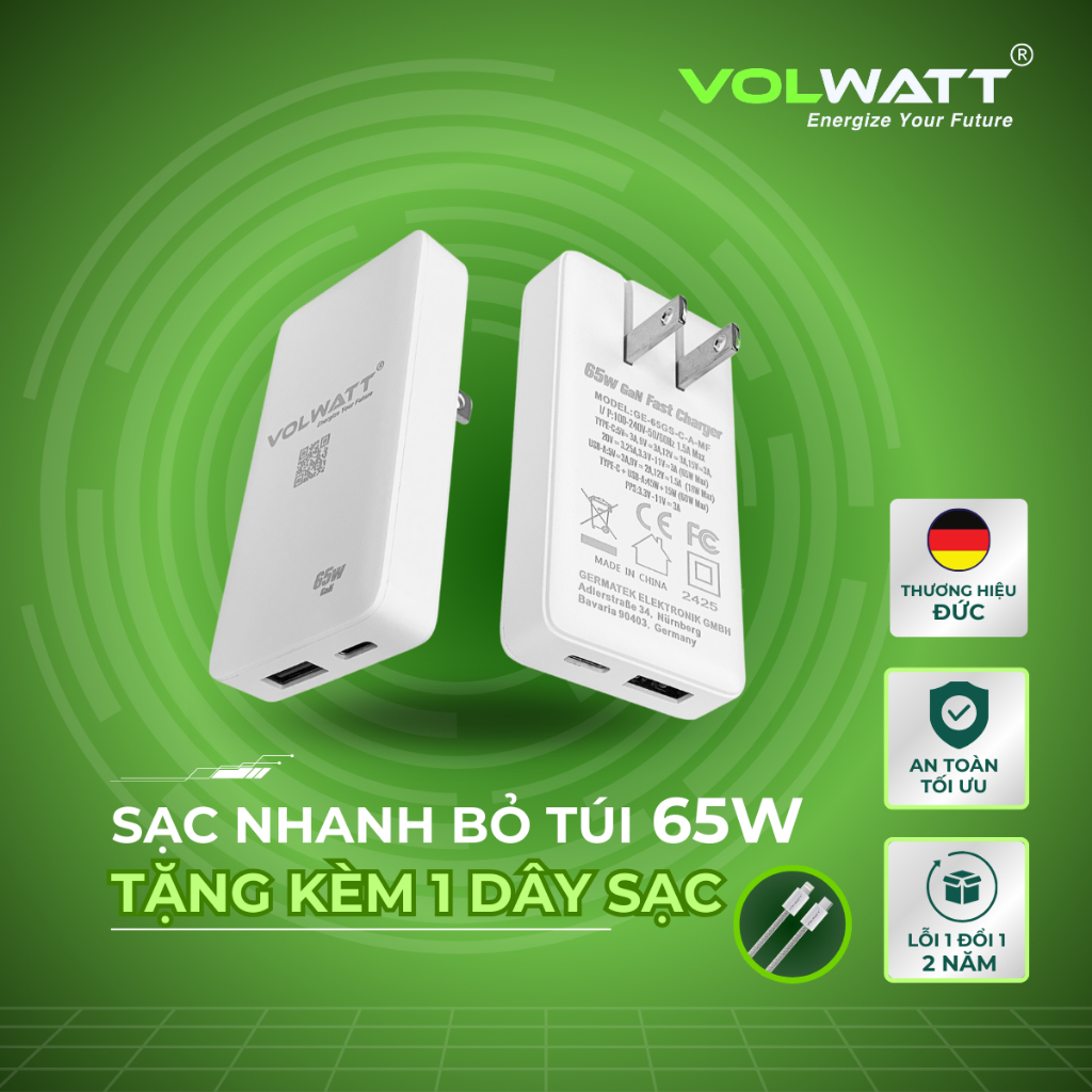 Củ sạc nhanh siêu mỏng Volwatt GE-65GS-C-A-MF 65W GaN Fast Charger