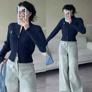 Áo khoác len CROPTOP thêu ngựa vặn thừng kéo khoá 2 đầu