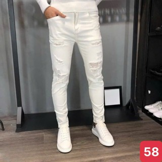 Quần jean nam boy phố rách gối màu trắng trơn form skinny chất bò cao cấp co dãn 4 chiều dáng skinny HAVADO C22 mới