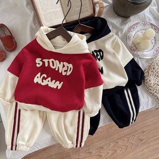Set Bộ Hoodie vải nỉ có mũ cho bé trai bé gái, Hàng mới về, Phong cách Hàn Quốc in chữ STONED AGAIN, size 8-19 kg