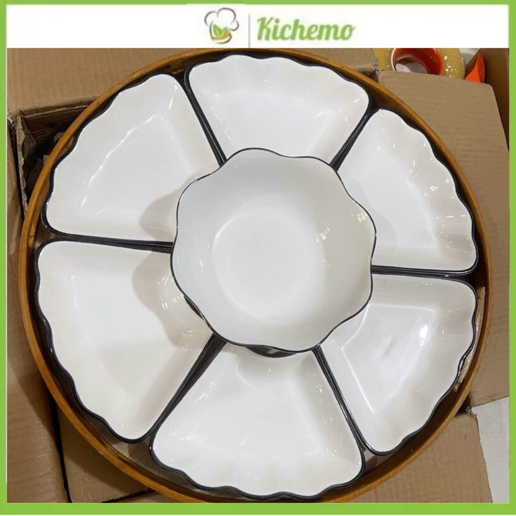  Bộ bát đĩa sứ hoa mặt trời sứ trắng viền đen kèm bát cơm Set bát dĩa hoa mai thắp hương cao cấp 