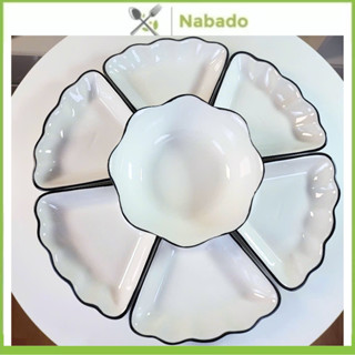 Bộ đĩa sứ hoa mặt trời gốm sứ trắng viền đen kèm bát cơm Set bát dĩa hoa mai thắp hương cao cấp