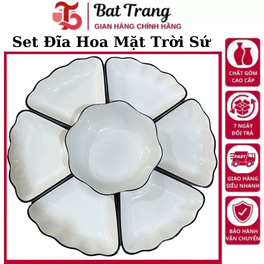 Bộ bát đĩa gốm sứ hoa mặt trời trắng viền đen kèm bát cơm Set dĩa hoa mai thắp hương cao cấp