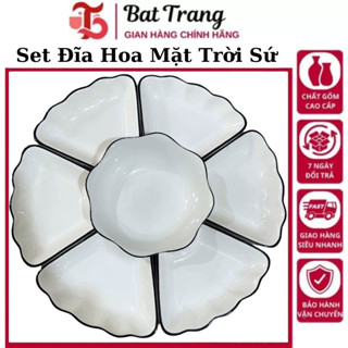 Bộ bát đĩa gốm sứ hoa mặt trời trắng viền đen kèm bát cơm Set dĩa hoa mai thắp hương cao cấp