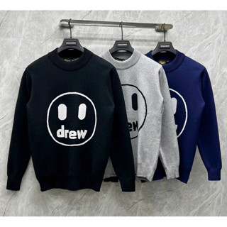 Áo sweater len dài tay nam nữ Drew ngực dệt hoạ tiết mặt cười kèm chữ hãng bo cổ dệt 2 lớp siêu dày dặn