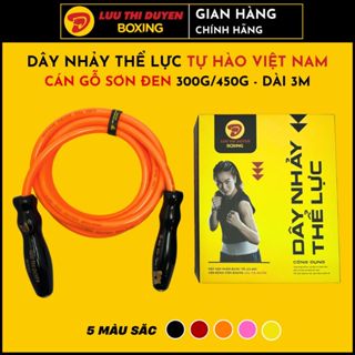 Mẫu mới - Dây Nhảy Thể Lực Tự Hào Việt Nam - Lừu Thị Duyên Boxing - Bản Đặc Biệt - Cán Sơn Đen - Nặng 300g/450g, Dài 3m