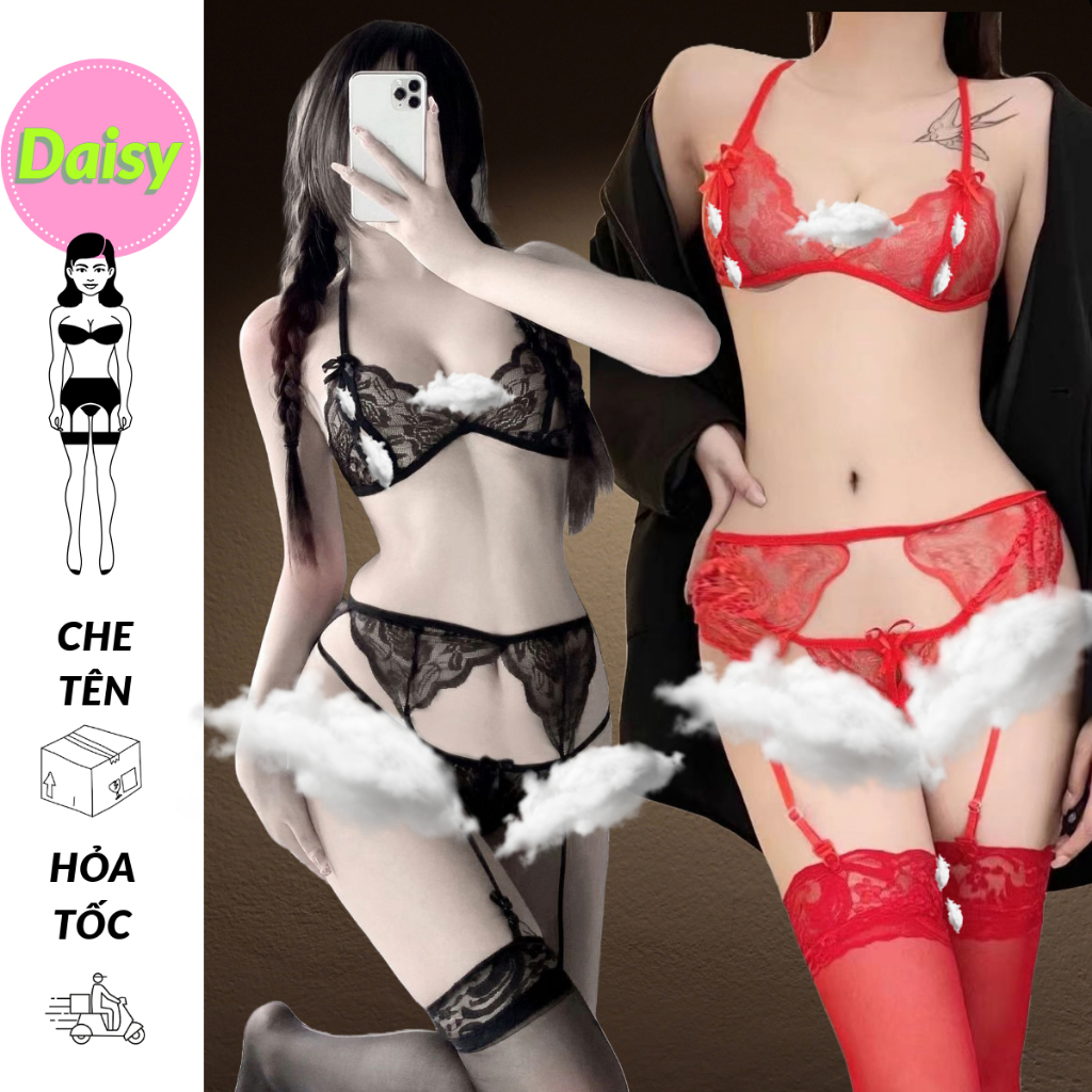 Bộ đồ lót ren lưới đính nơ kèm đai kẹp nịt bít tất - set nội y lingerie gợi cảm hở đáy sexy