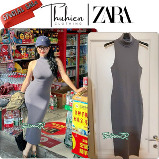 THUHIENZR(sẵn S)Váy midi ZARA 4224/481/802 cổ 5 phân dáng dài sát nách nâu xám(kèm ảnh thật)