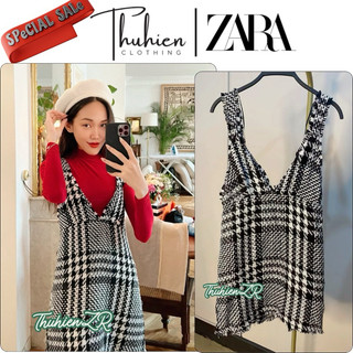 (AUTH M XS) Váy mini ZARA 7563/041/064 kiểu gile dạ tweed xám đen cúc đá sáng(kèm ảnh thật)