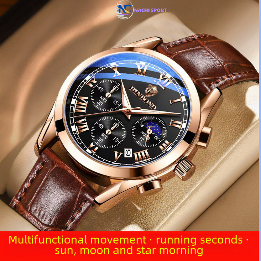 Đồng Hồ Nam BINBOND Quartz Mặt Kính Sapphire Dây Da Kiểu Dáng Thời Trang Sang Trọng - Đeo Tay, Watch