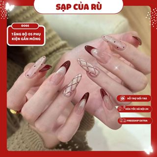  Đ066 Móng tay giả dài bộ 30 móng màu đỏ form hạt gạo làm nail đón Noel 