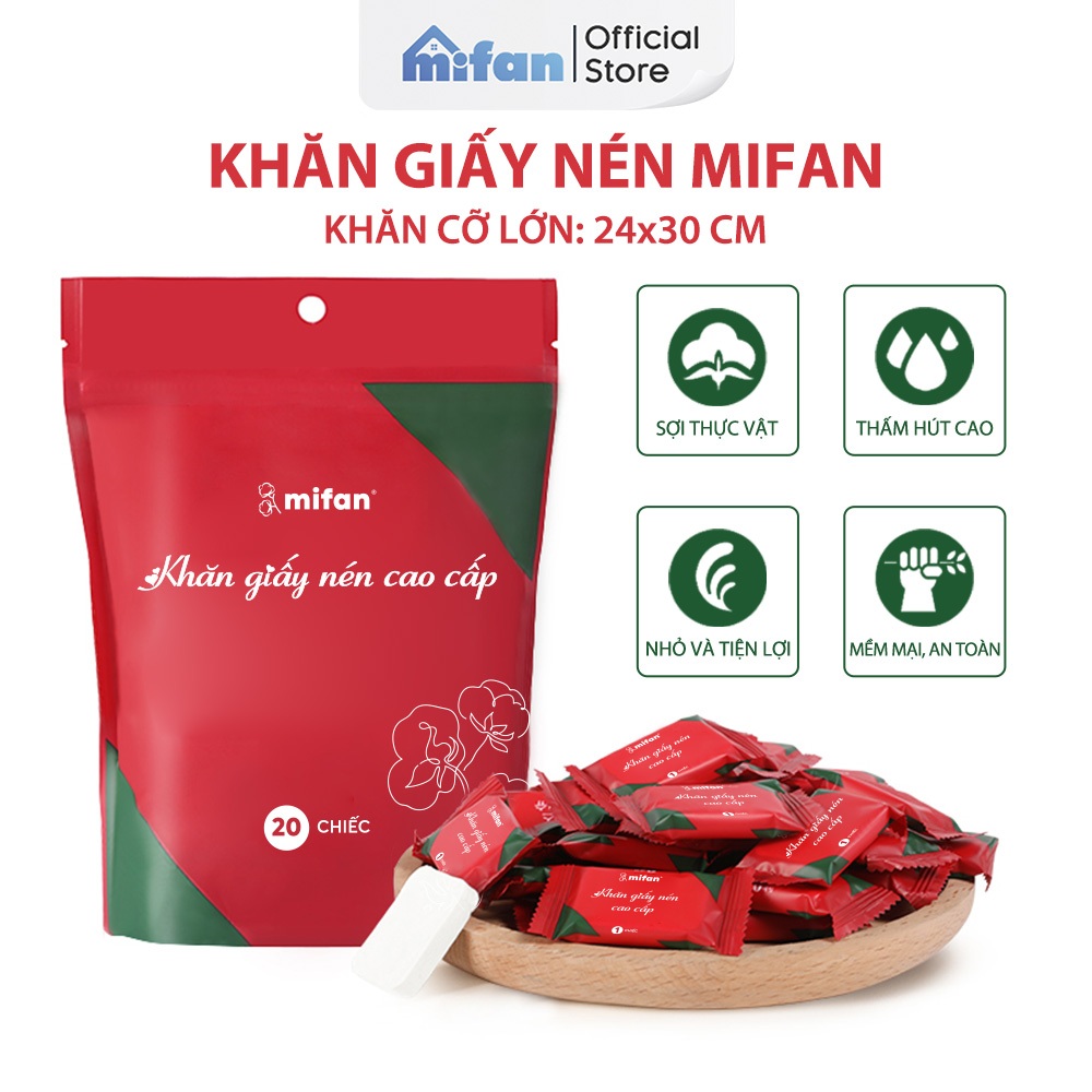 Khăn Giấy Nén Cao Cấp MIFAN - Gói 20 Viên cỡ - Loại Dày 2 Lớp 24x30cm - Mang Đi Du Lịch, Công Tác Tiện Lợi