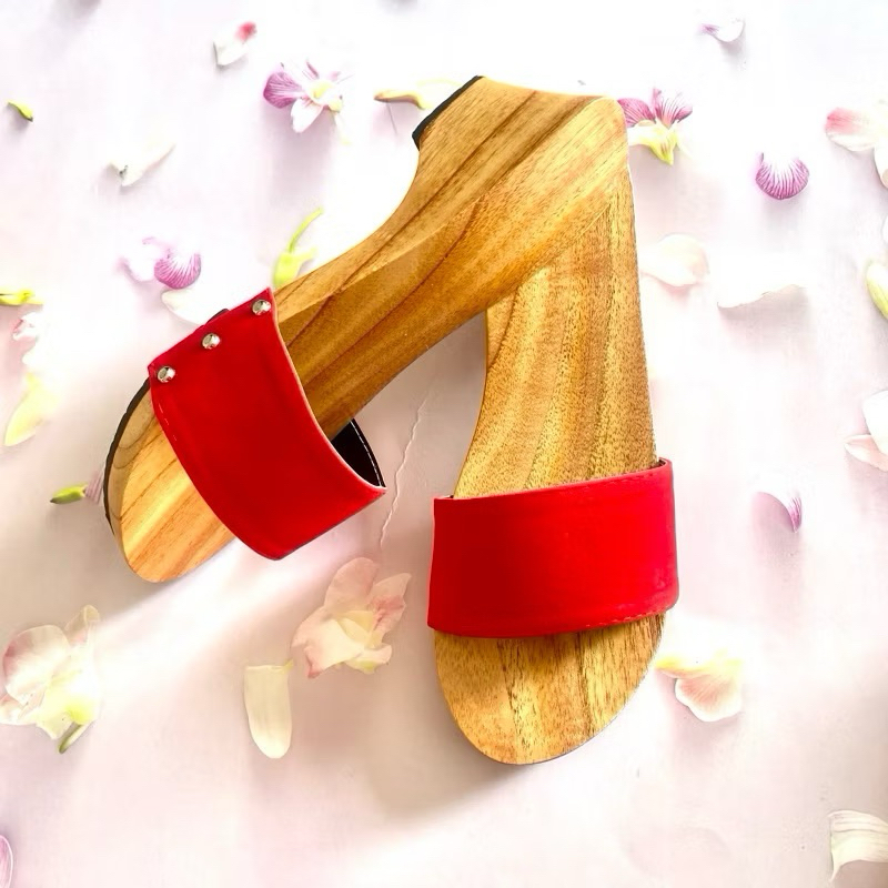 Guốc gỗ guốc mộc 5 phân quai nhung đỏ cao gót