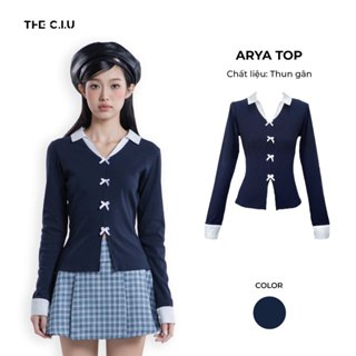 Áo kiểu tay dài cổ sơ mi phối nơ THE C.I.U, áo thiết kế nữ dáng ôm chất thun gân co giãn nhẹ sang trọng dễ phối – Arya T