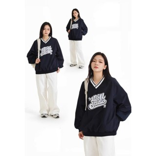 Áo gió sweater Desu Dessuu cổ tim họa tiết in chữ DessuuStudio màu xanh than