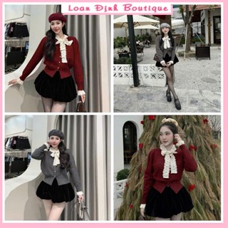 Set Áo Ren Tay Thắt Nơ Cổ Len Lông Thỏ Quần Bí Phồng Đỏ Đen Xám Dress Nữ Top Women Loan Định Boutique LD073