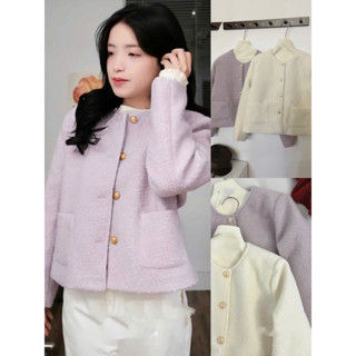  Áo khoác dạ nữ A.696 Áo dạ lông xù dài tay cổ tròn túi hông vạt vuông phối cúc đồng - Shop Chấm Bi 